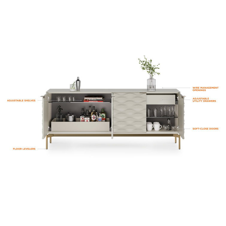 Stone and Brushed Brass 80'' MDF and Glass Sideboard