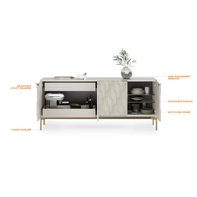 Stone and Brushed Brass MDF Sideboard with Tempered Glass Shelves