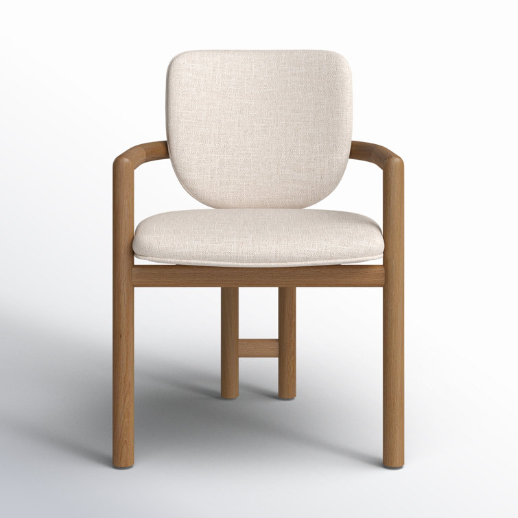 Beige Upholstered Leather Arm Chair with Desert Oak Finish