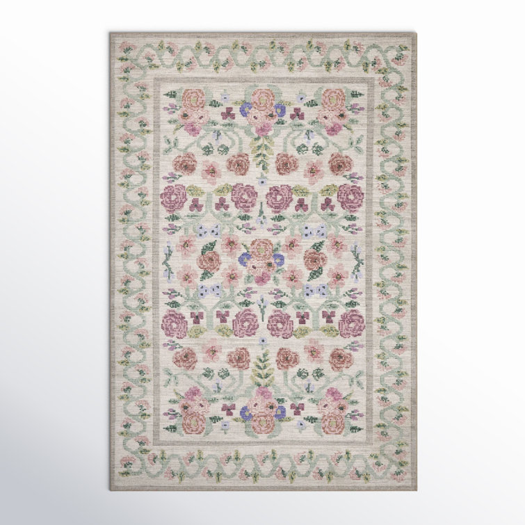 Ivory Floral Synthetic 5' x 7' Rectangular Area Rug