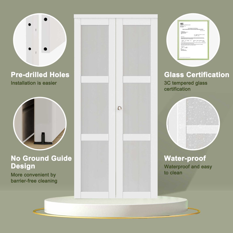 60 in. x 80 in. White MDF Bi-Fold Door with Frosted Glass Panels