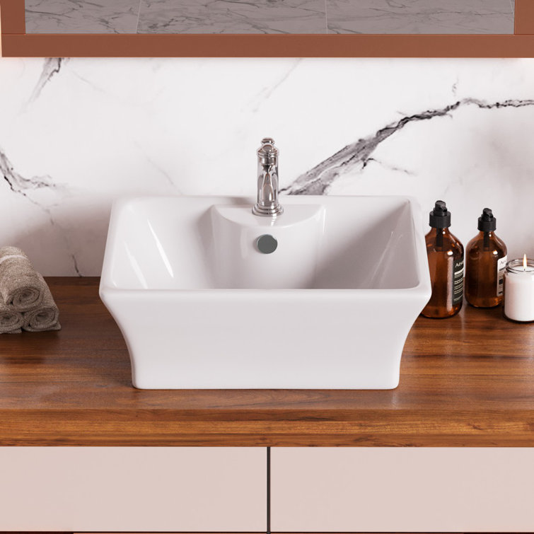 Gloss White Ceramic Square Vessel Bathroom Sink with Overflow
