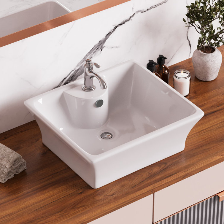 Gloss White Ceramic Square Vessel Bathroom Sink with Overflow
