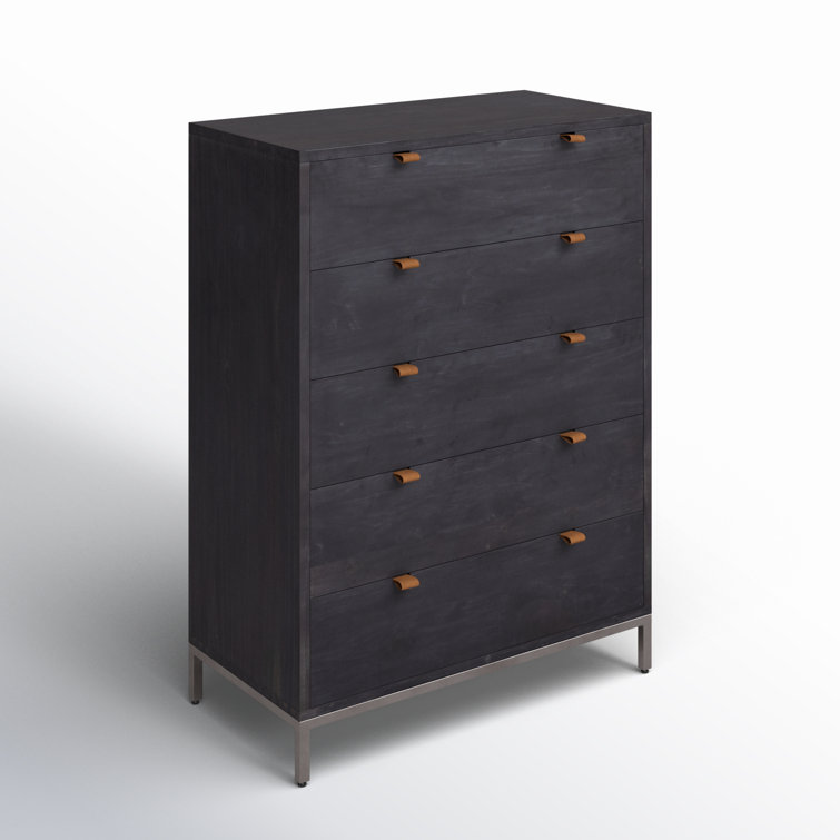 Rosamonde Mid-Century 5-Drawer Black Dresser with Leather Pulls