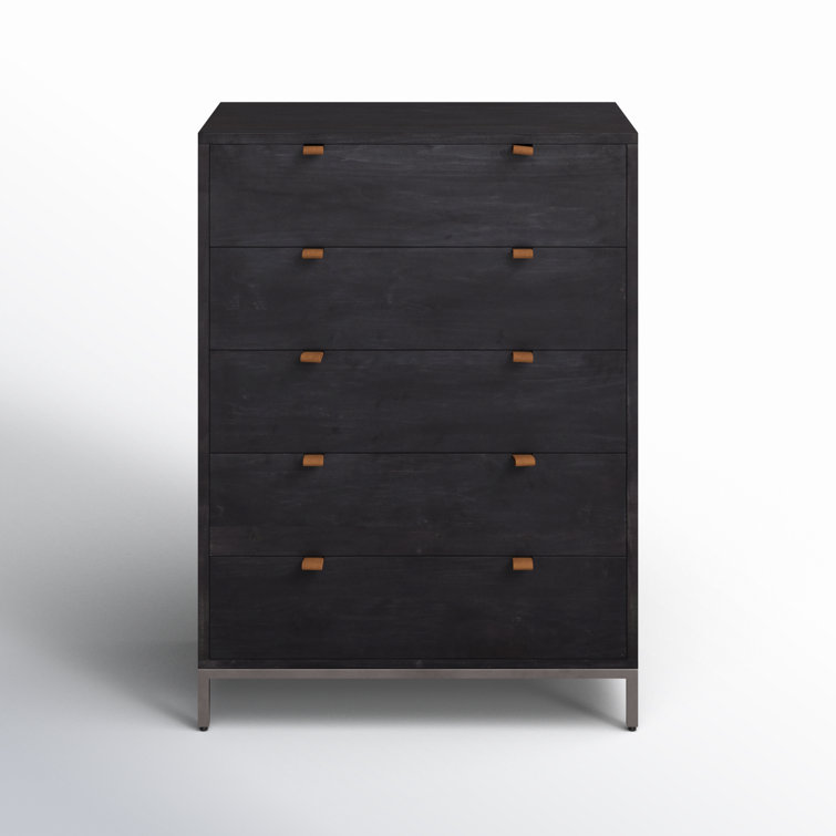 Rosamonde Mid-Century 5-Drawer Black Dresser with Leather Pulls
