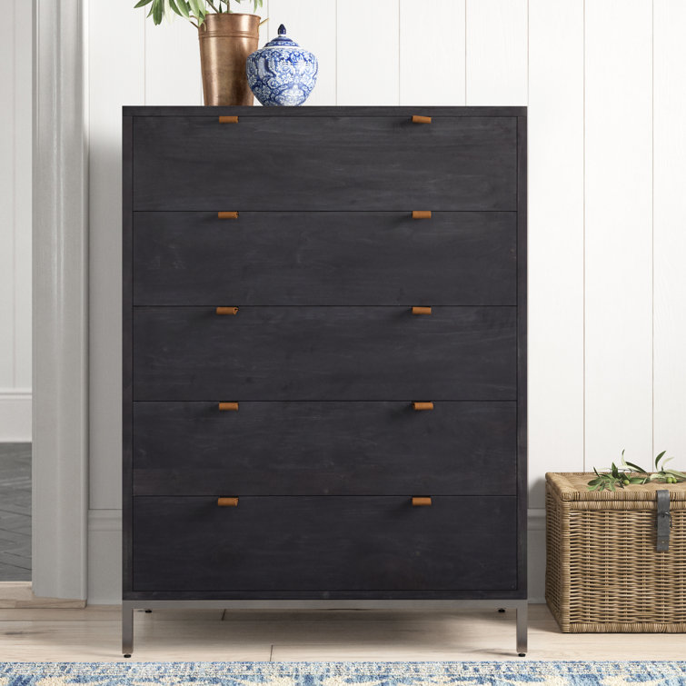 Rosamonde Mid-Century 5-Drawer Black Dresser with Leather Pulls