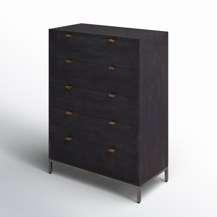 Rosamonde Mid-Century 5-Drawer Black Dresser with Leather Pulls