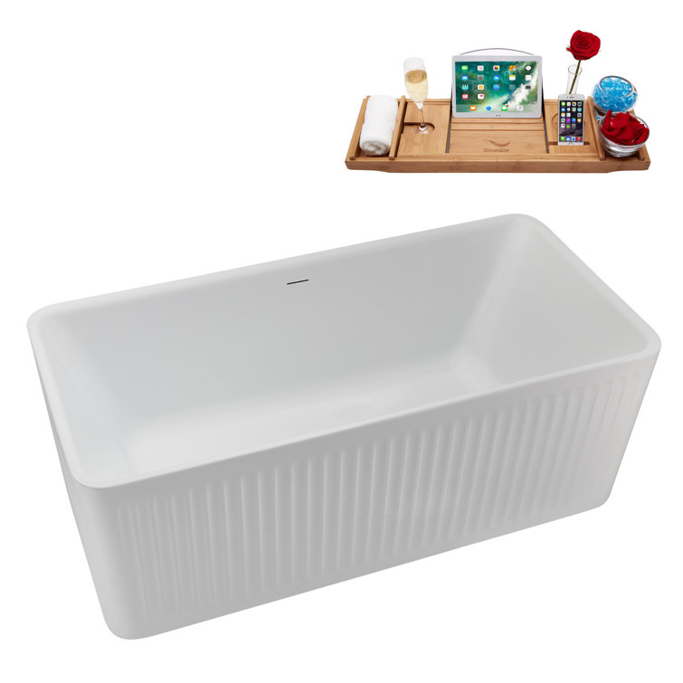 59" White Acrylic Freestanding Soaking Tub with Tray
