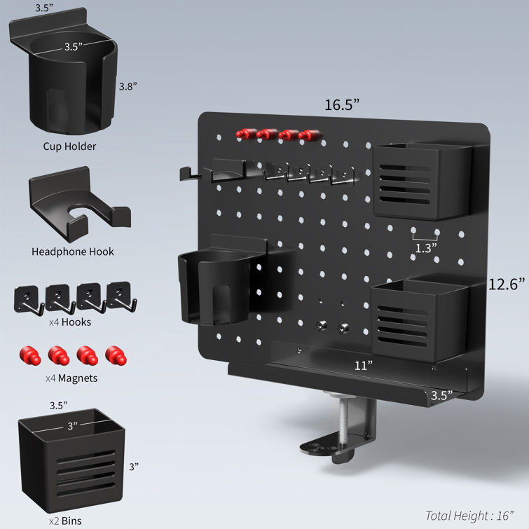 Black Steel Clamp-on Rotating Pegboard Desk Organizer