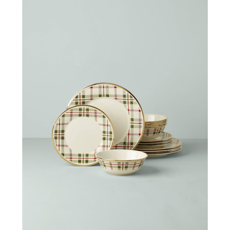 Ivory and Plaid Porcelain 12-Piece Holiday Dinnerware Set