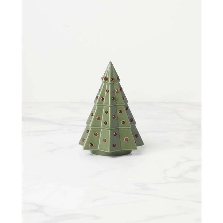 Green Porcelain Christmas Tree Figurine with Beaded Detail