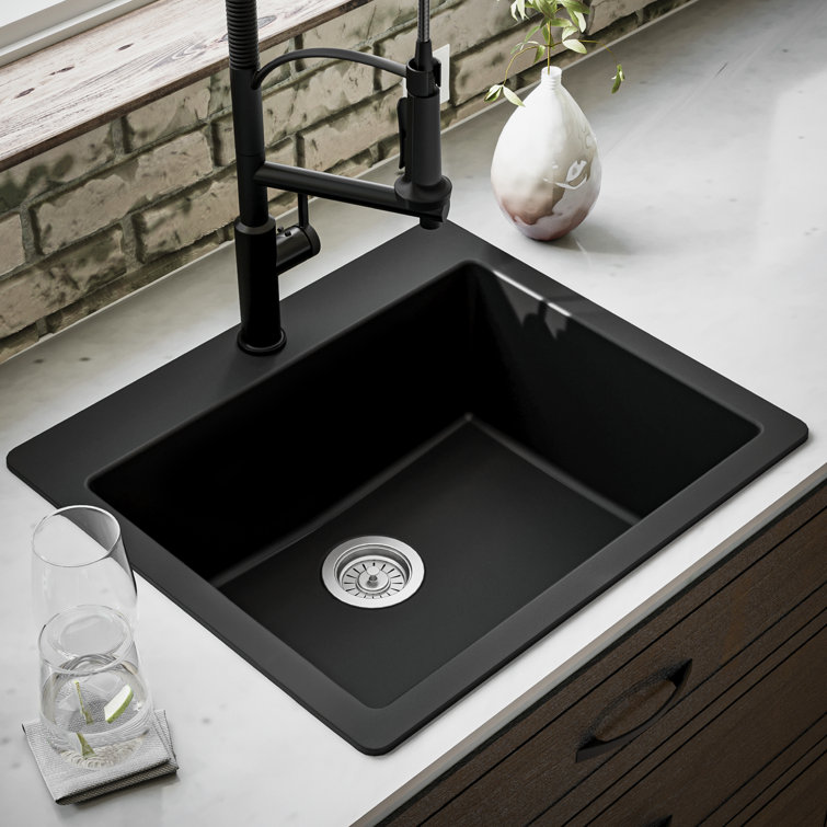 Black Quartz 25'' Single Bowl Drop-In Kitchen Sink
