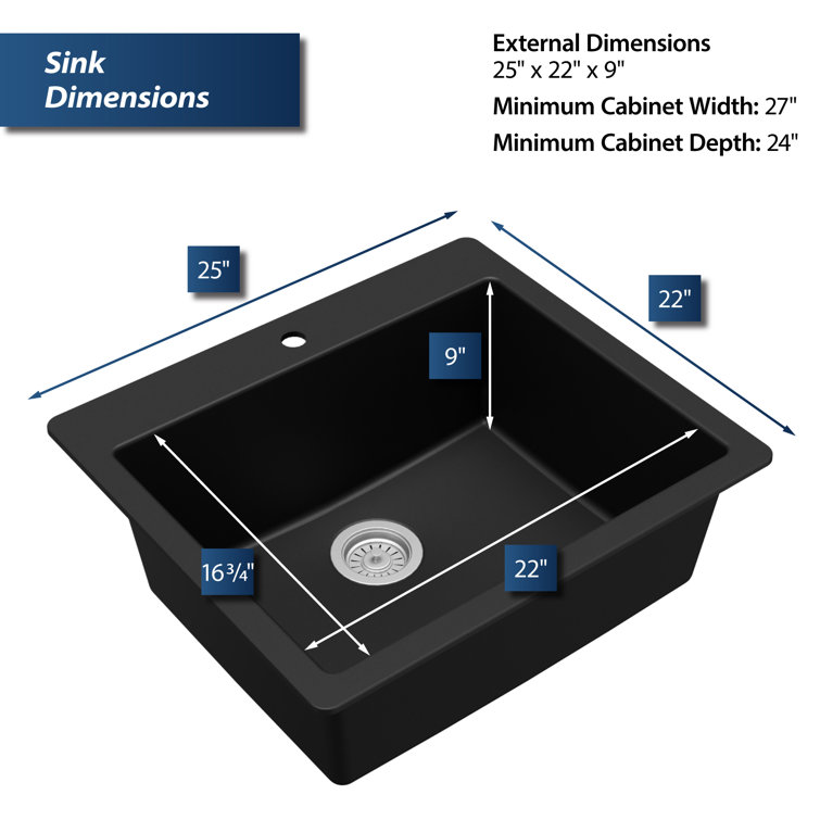 Black Quartz 25'' Single Bowl Drop-In Kitchen Sink