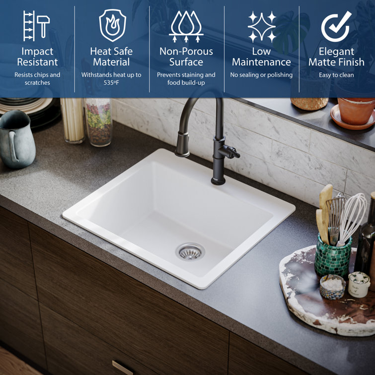White Quartz 25'' Single Bowl Drop-In Kitchen Sink