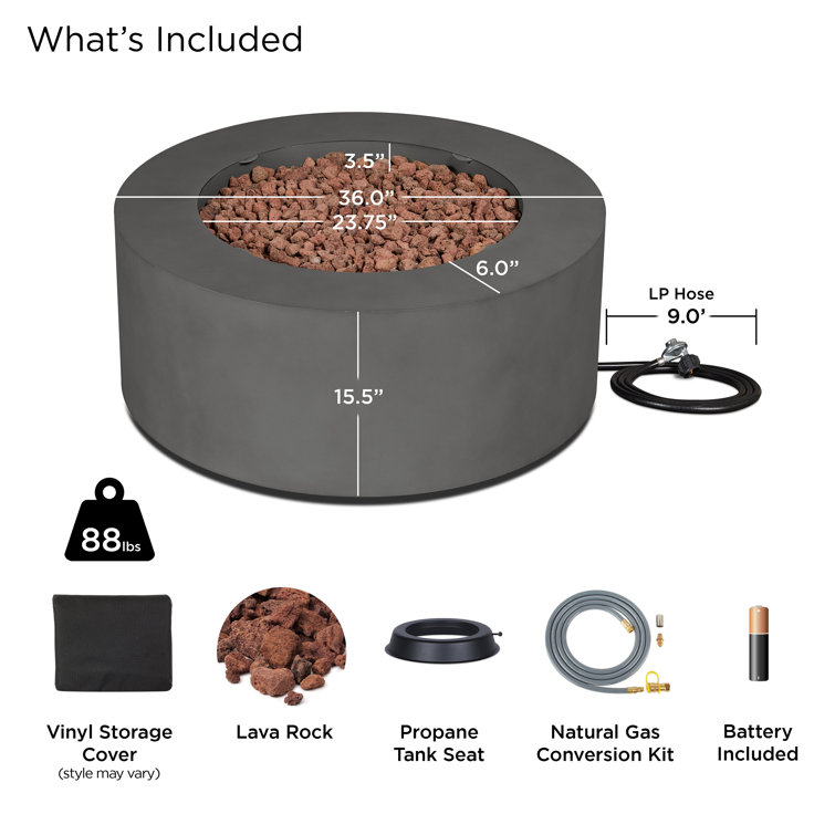 Aegean 36" Round Weathered Slate Steel Propane Fire Pit Table