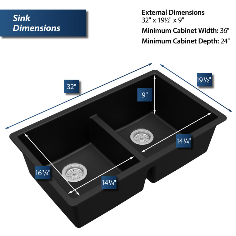 Black Quartz 32'' Double Bowl Undermount Kitchen Sink