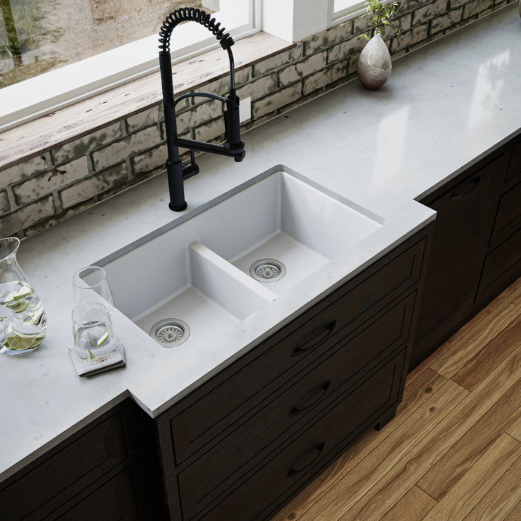 White Quartz Double Bowl Undermount Kitchen Sink, 32"