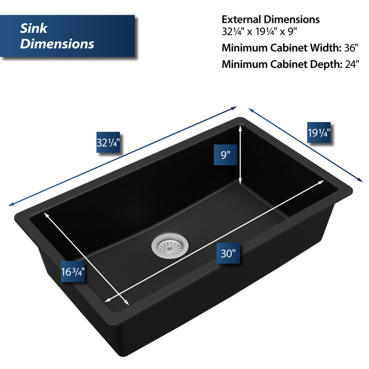 Black Quartz Composite Large Single Bowl Undermount Kitchen Sink