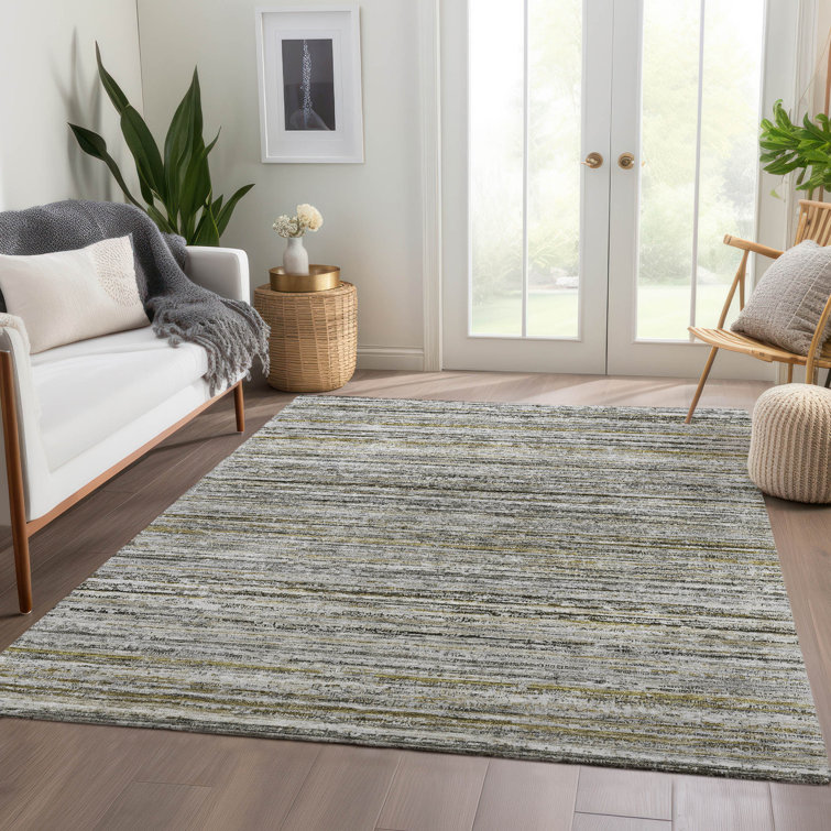 Pewter Striped Flat Woven Synthetic Washable Rug