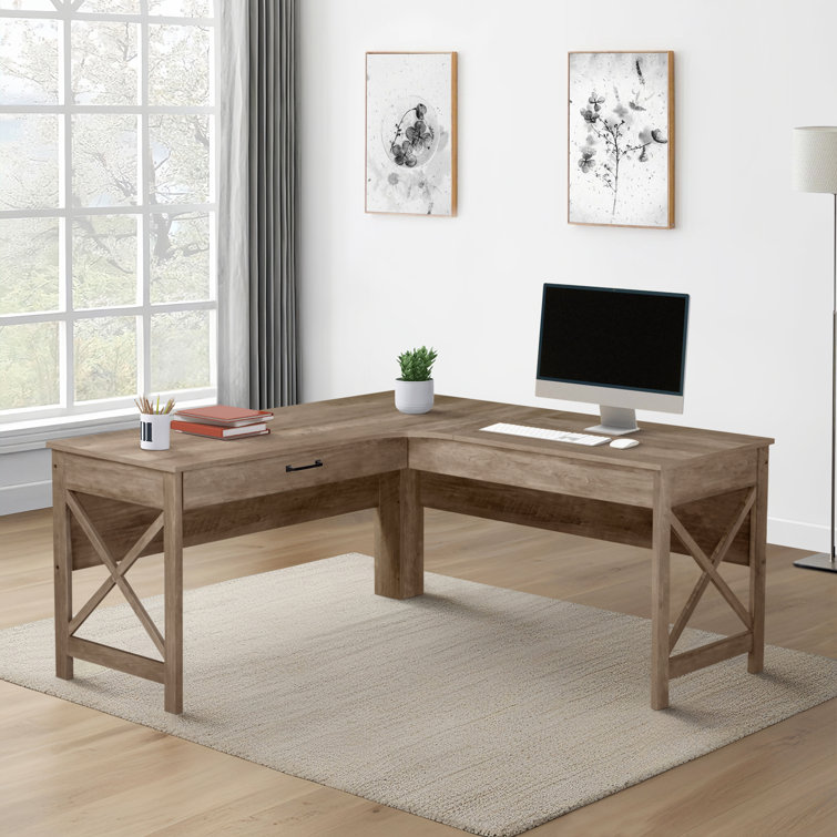 Rustic Oak L-Shaped Farmhouse Corner Desk with Drawer