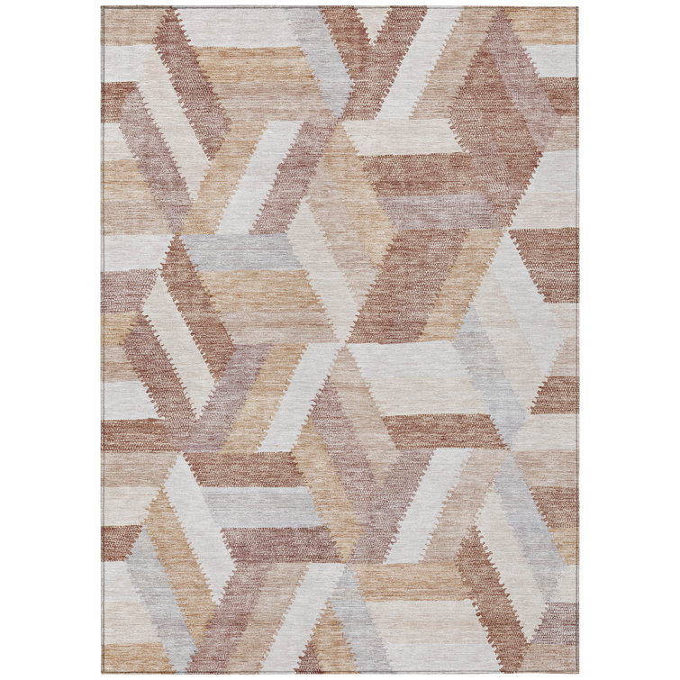 Copper and Beige Geometric Washable Indoor/Outdoor Rug