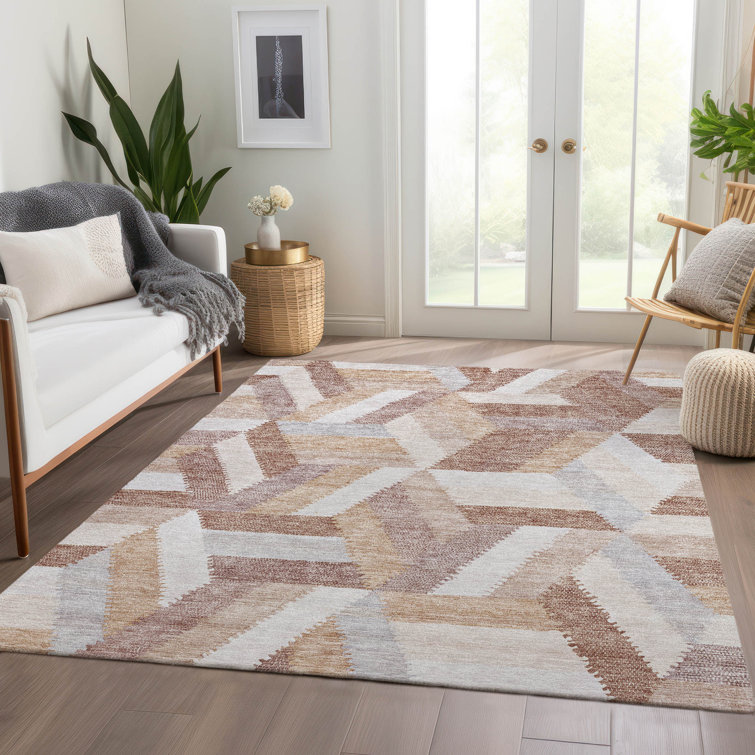 Copper and Beige Geometric Washable Indoor/Outdoor Rug