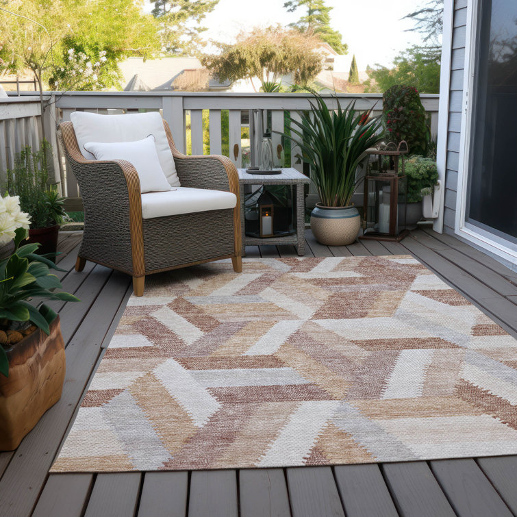 Copper and Beige Geometric Washable Indoor/Outdoor Rug