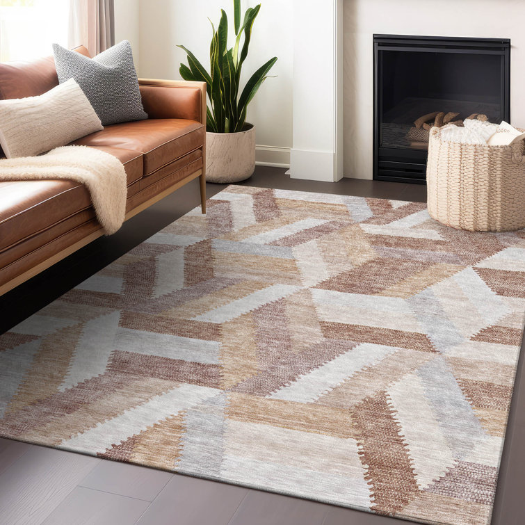 Copper and Beige Geometric Washable Indoor/Outdoor Rug