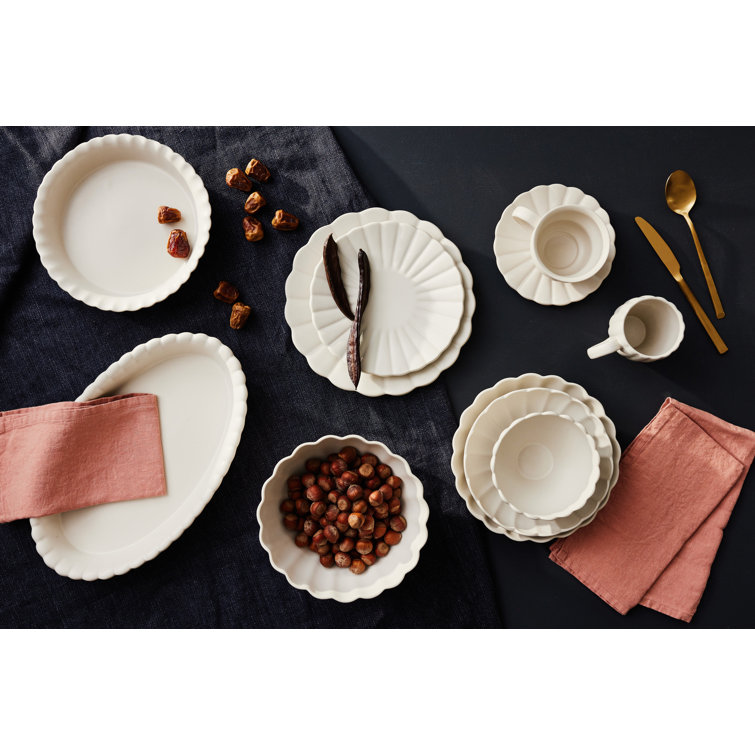 White Ceramic Scalloped Edge Microwave Safe Salad Bowls Set
