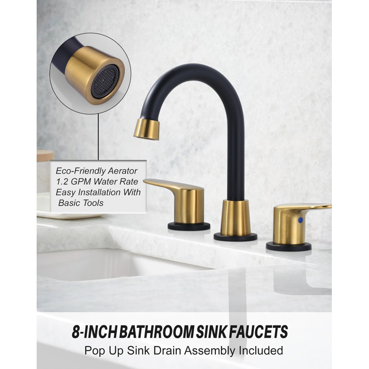8-Inch Black and Gold Double Handle Widespread Bathroom Faucet