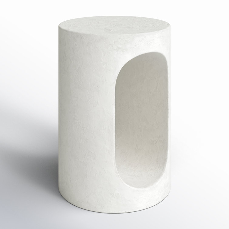 White Concrete Round End Table with Cutout Design