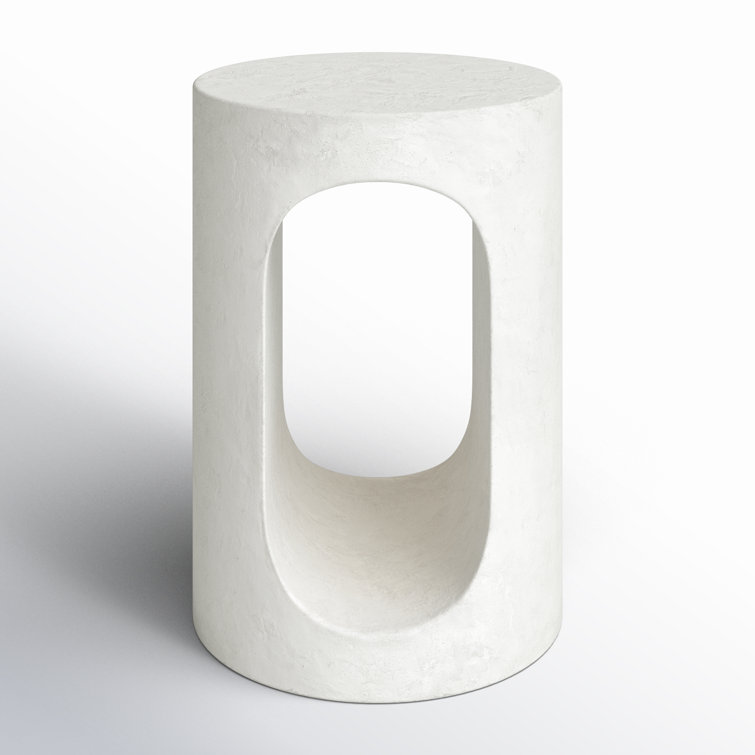 White Concrete Round End Table with Cutout Design
