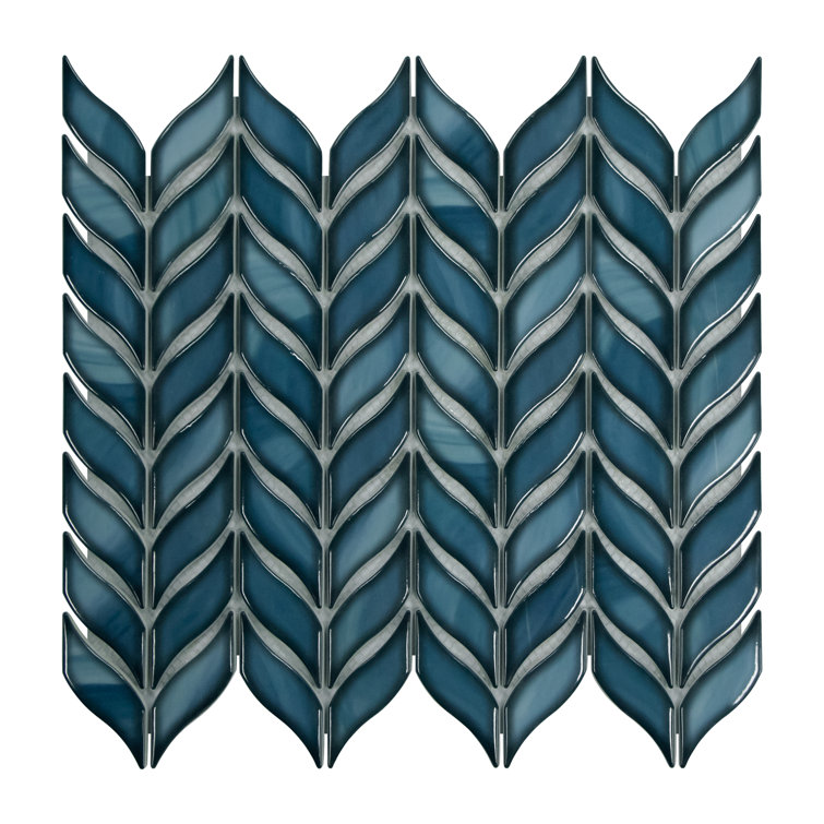 11.3" x 10.7" Blue Glazed Leaf Waterjet Recycled Glass Mosaic Tile