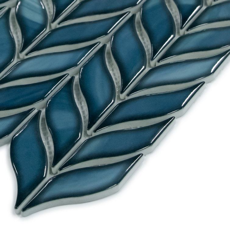 11.3" x 10.7" Blue Glazed Leaf Waterjet Recycled Glass Mosaic Tile
