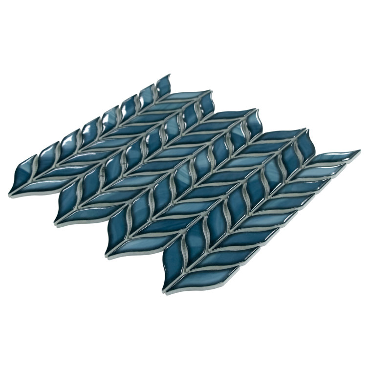 11.3" x 10.7" Blue Glazed Leaf Waterjet Recycled Glass Mosaic Tile