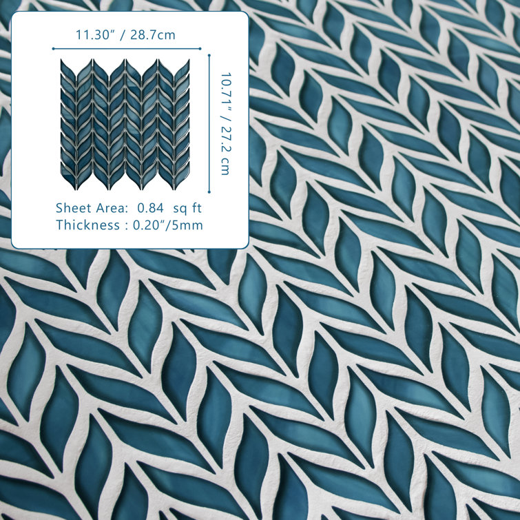 11.3" x 10.7" Blue Glazed Leaf Waterjet Recycled Glass Mosaic Tile