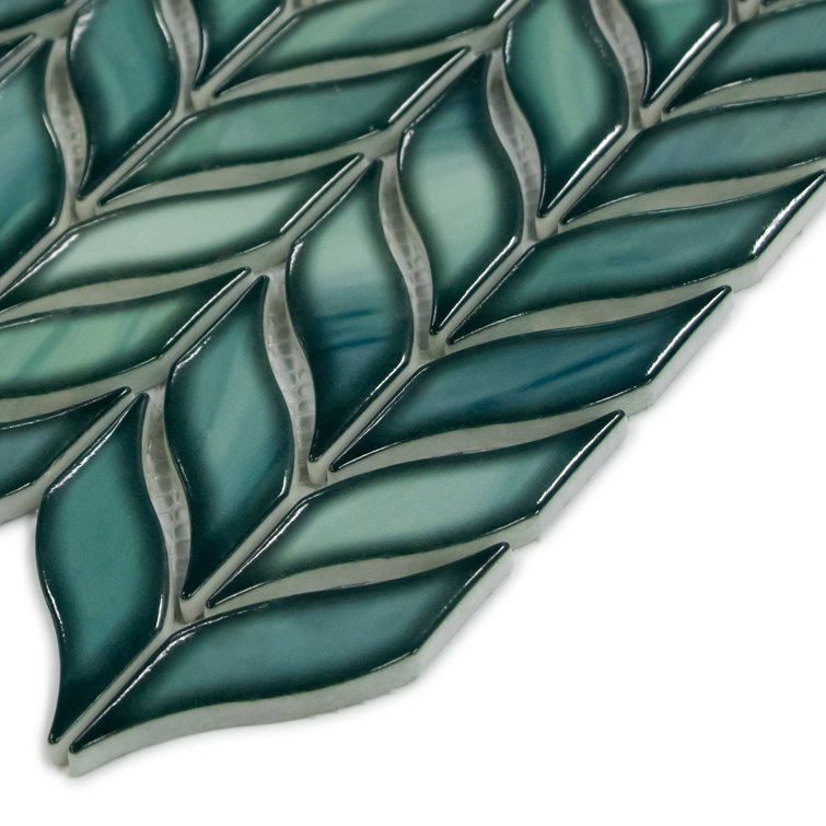 Green 11.3" x 10.7" Glazed Leaf Waterjet Recycled Glass Mosaic Tile