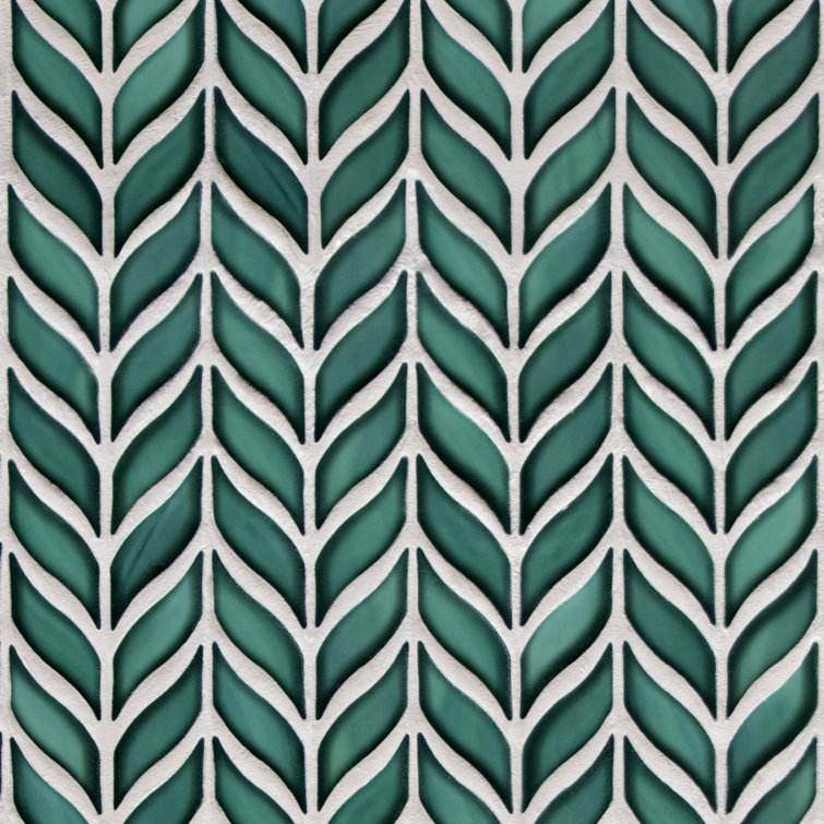 Green 11.3" x 10.7" Glazed Leaf Waterjet Recycled Glass Mosaic Tile