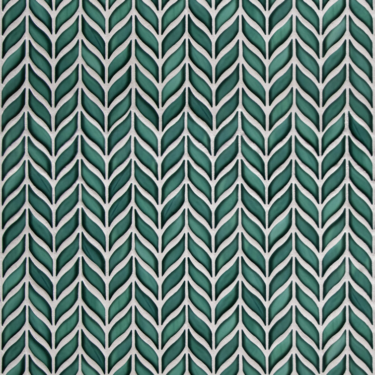 Green 11.3" x 10.7" Glazed Leaf Waterjet Recycled Glass Mosaic Tile