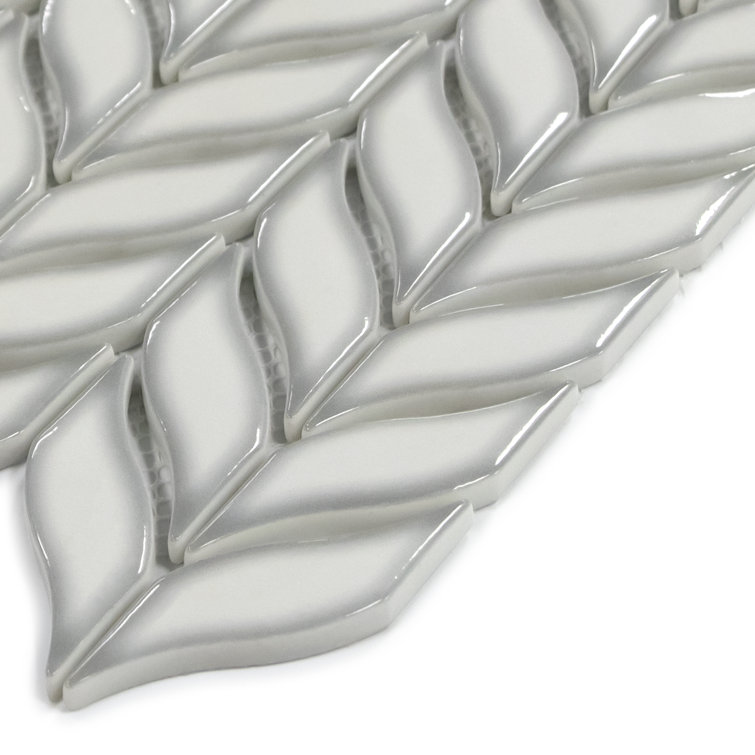 White Glazed Leaf Waterjet Recycled Glass Mosaic Tile