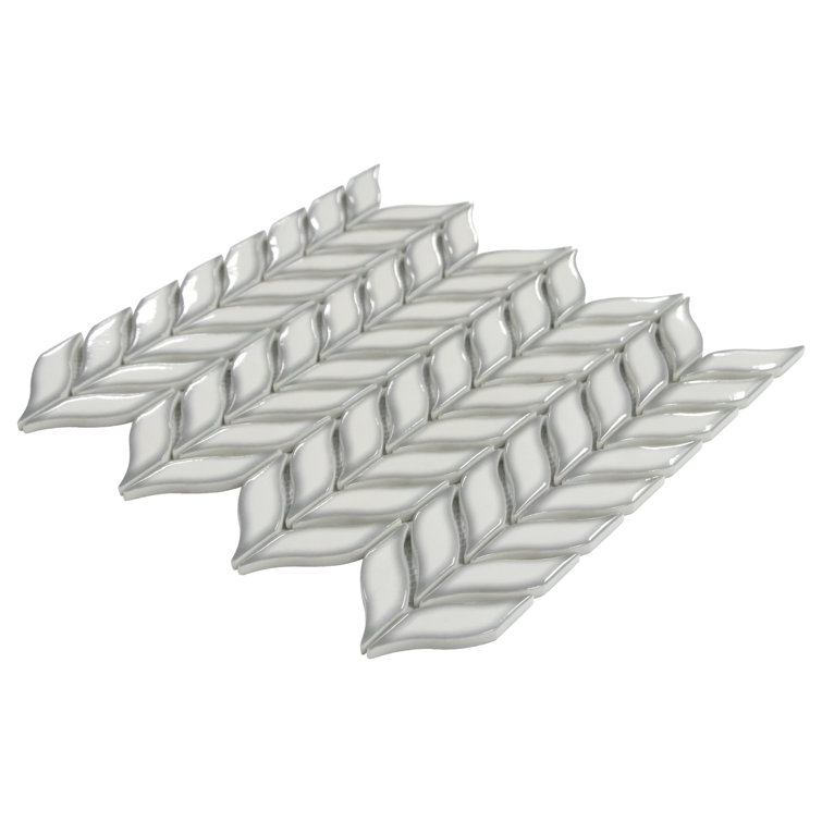 White Glazed Leaf Waterjet Recycled Glass Mosaic Tile