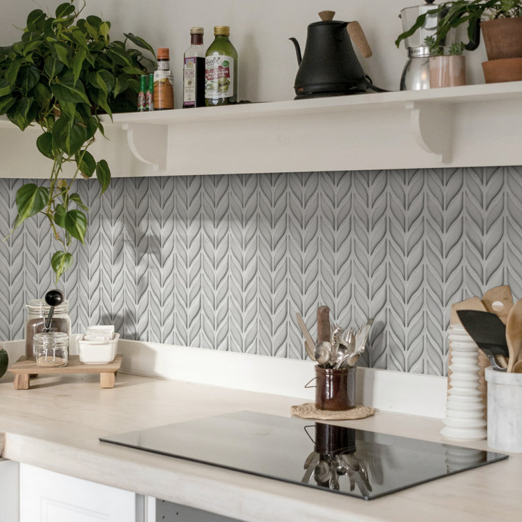 White Glazed Leaf Waterjet Recycled Glass Mosaic Tile
