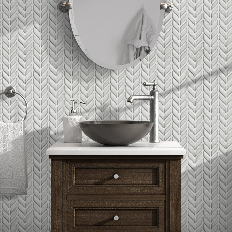 White Glazed Leaf Waterjet Recycled Glass Mosaic Tile
