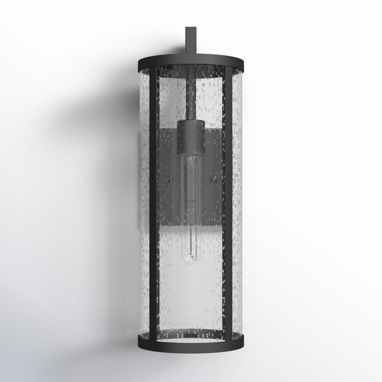 Medium Black Aluminum Cylinder Outdoor Wall Light with Seeded Glass