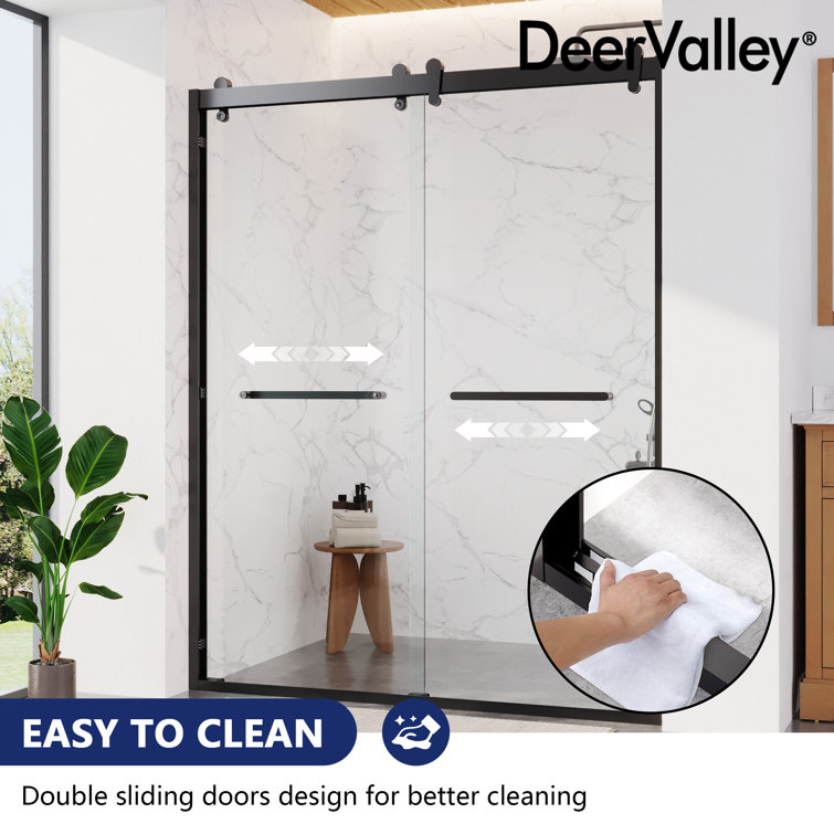 Matte Black Frameless Double Sliding Shower Door with Clear Glass