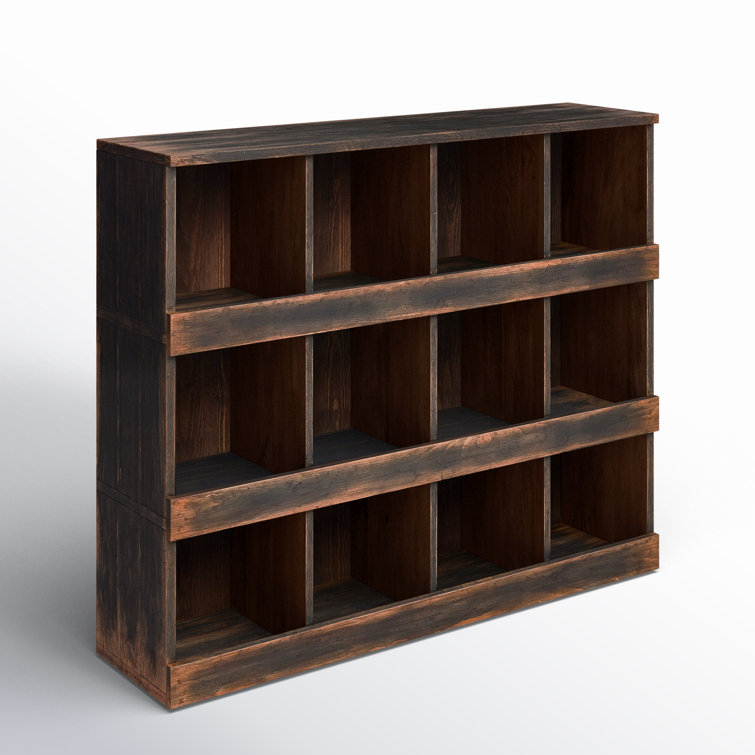 Brown Pine 12-Cubby Bookcase with Hand-Applied Finish