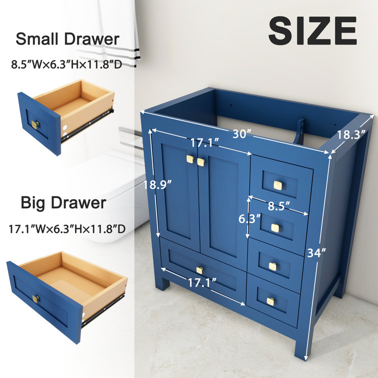 30" Blue Solid Wood Single Bathroom Vanity Base