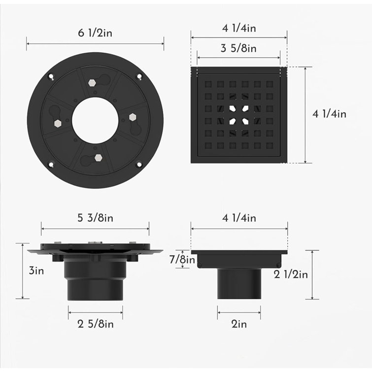 Matte Black 4-Inch Stainless Steel Square Shower Floor Drain