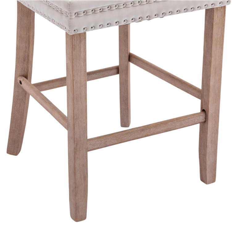 Beige Velvet Upholstered Bar Stools with Natural Wood Legs, Set of 2