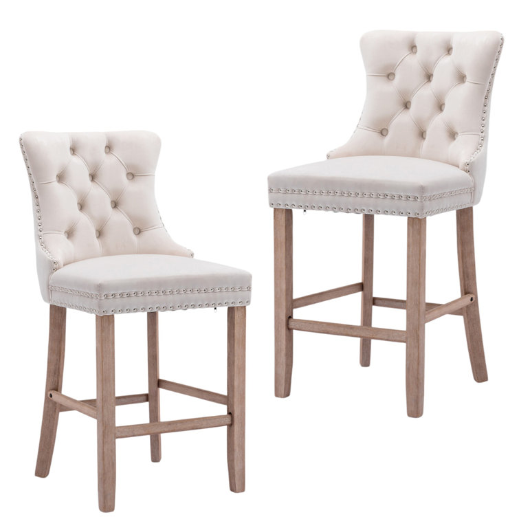 Beige Velvet Upholstered Bar Stools with Natural Wood Legs, Set of 2